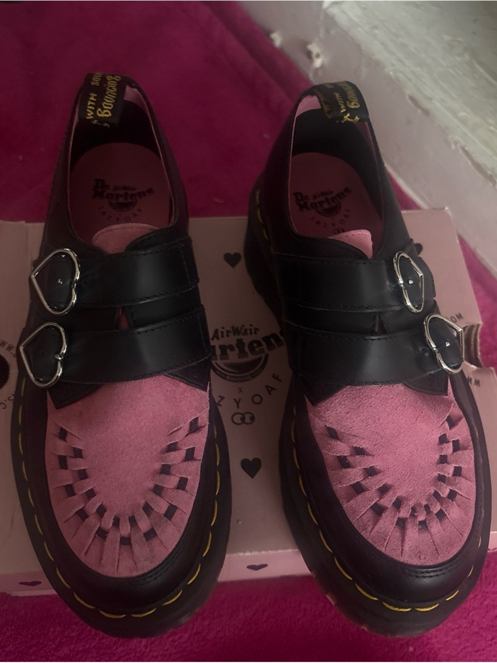 Dr. Martens x Lazy Oaf Pink Suede & Black Leather creeper Platform Shoes